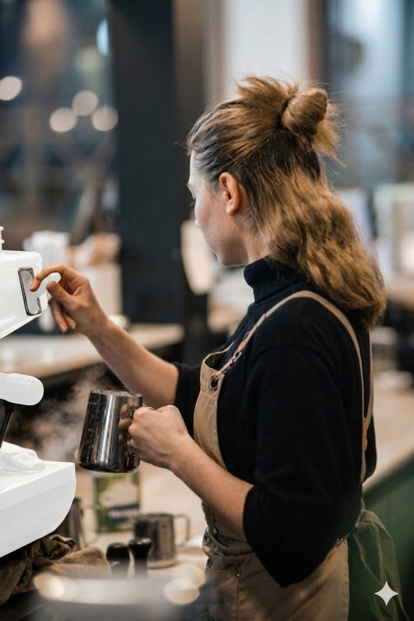 Barista da cafeteria Cantinho do Café manuseando a máquina de espresso profissional para extração de café artesanal.
